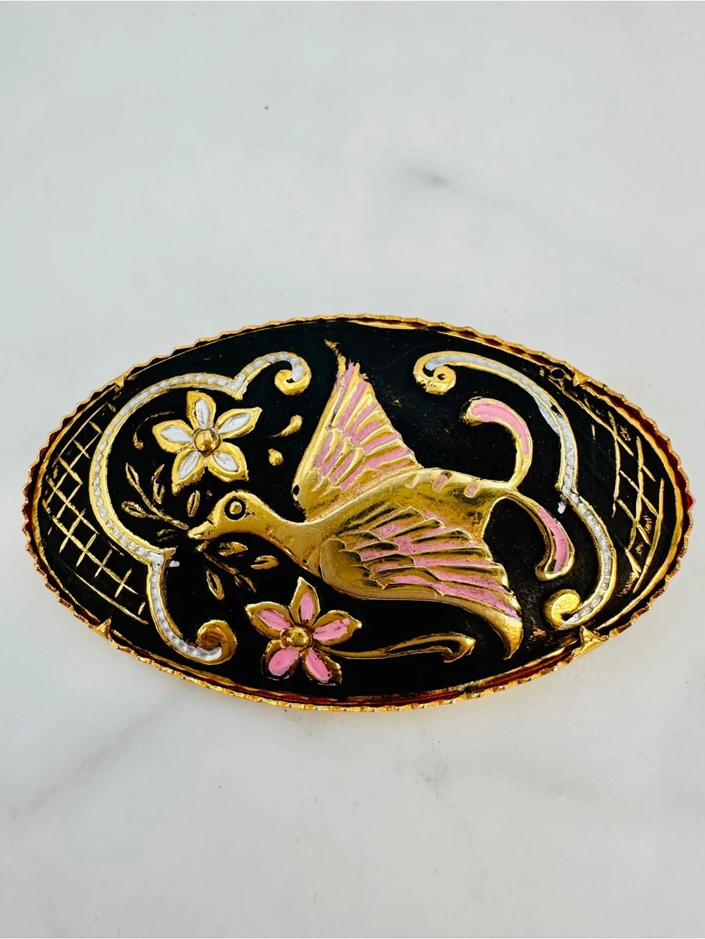 Vintage Damascene Oval Brooch Toledo Spain Bird Floral Gold Inlay Black, Pink
